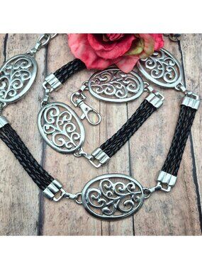 Ladies Silver Tone & Black Braided Faux Leather Chain Belt Swirl Size S Western